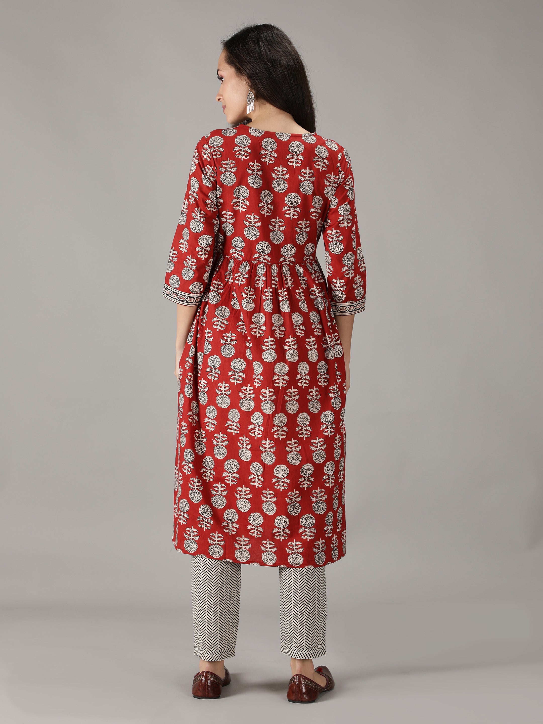 Maroon Cotton Printed A-line Kurta With Pant & Dupatta